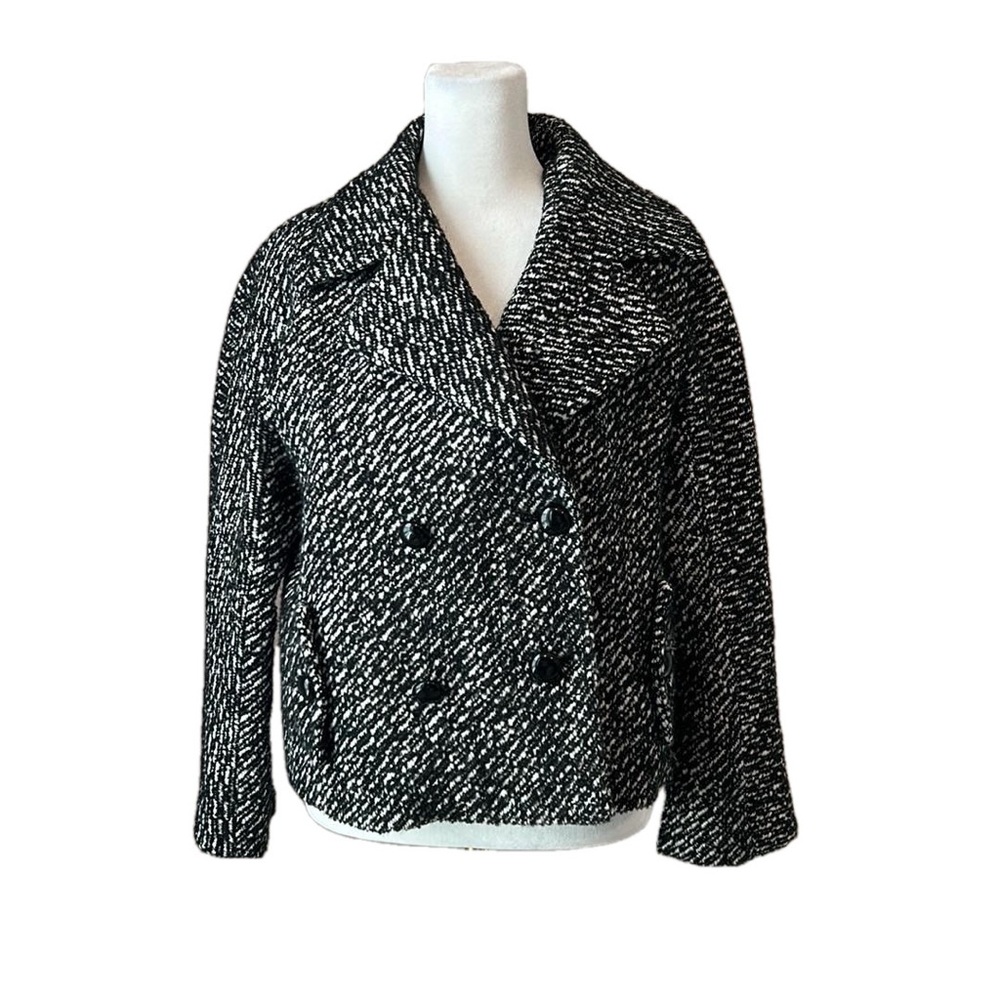 Talbots Petite Double-Breasted Wool Alpaca Blend Short Crop Coat Black White 10P